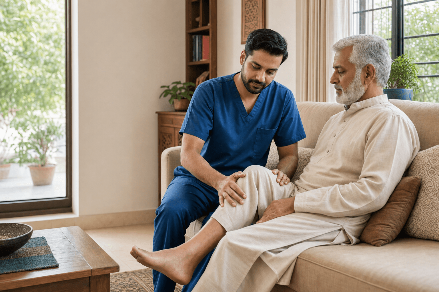 Male Pakistani physiotherapist providing professional home rehabilitation care in Lahore