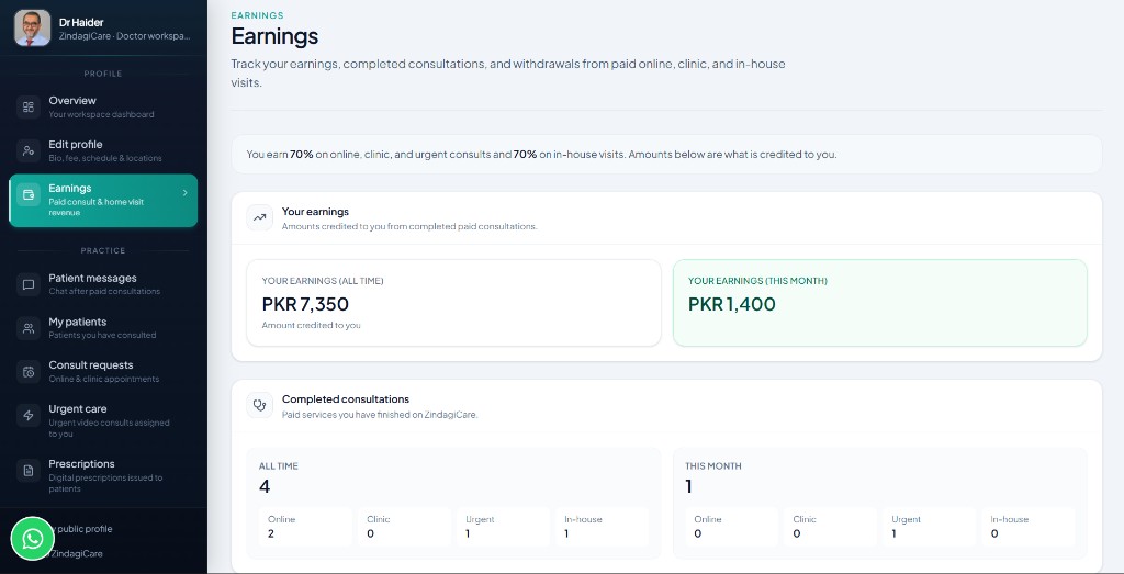 Earnings page showing 70% commission and monthly totals