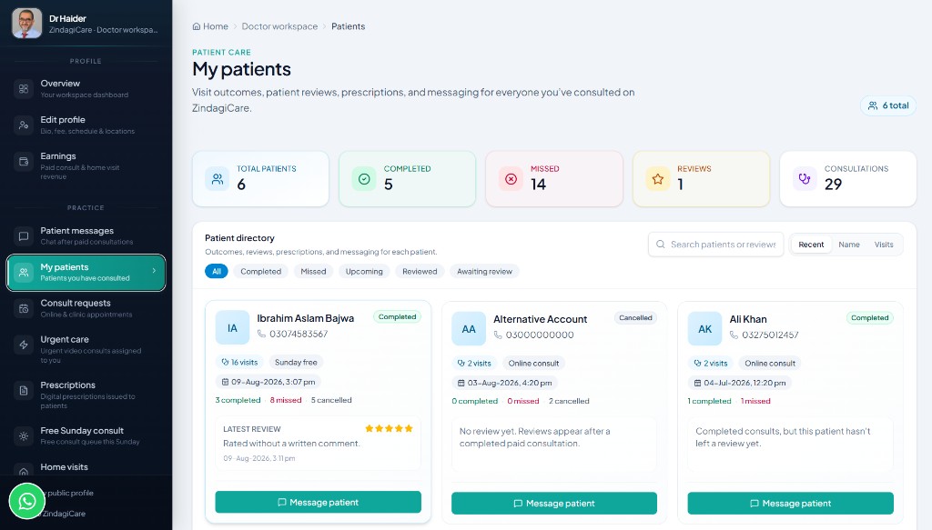 My patients — visit history, reviews, and messaging